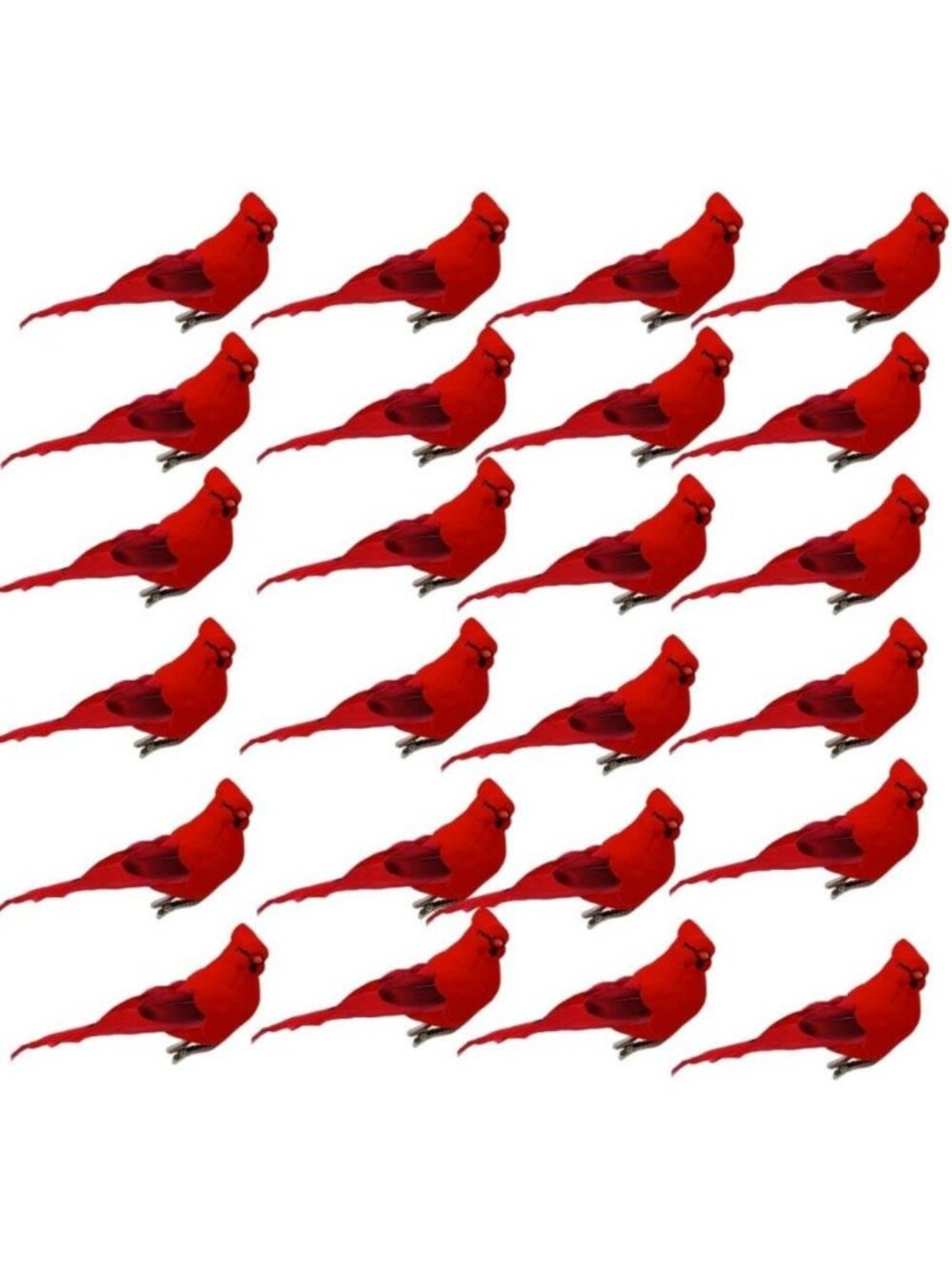 Set of 24 Red Feathered Cardinal Clip-On Ornaments - Flocked Birds for Tree
